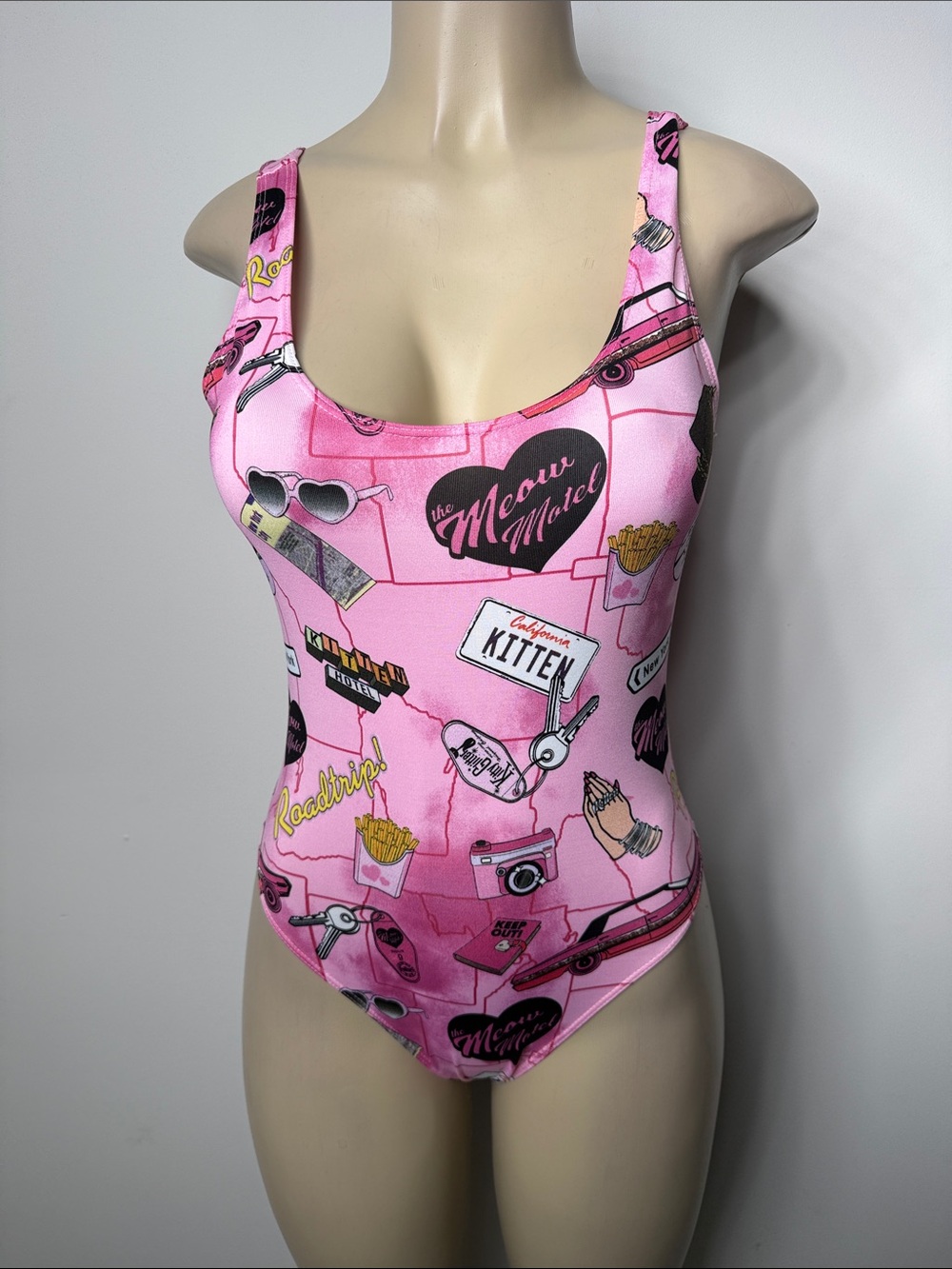 Forever 21 Pink Graphic One-Piece Swimsuit - The Meow Motel Motif